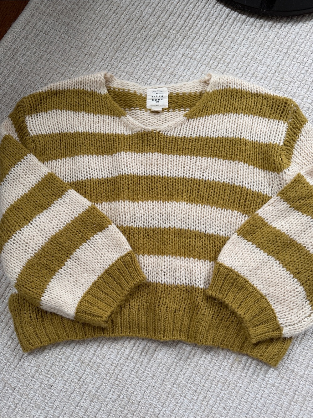 Billabong Olive Green and Cream Striped V-Neck Sweater